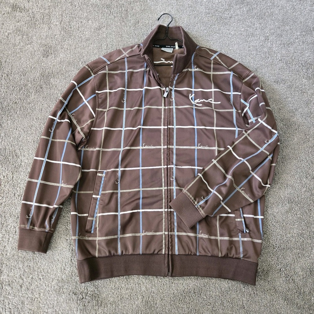 Vintage Karl Kani Track Jacket Brown Blue Grid Check Pattern Size L Large Y2K...